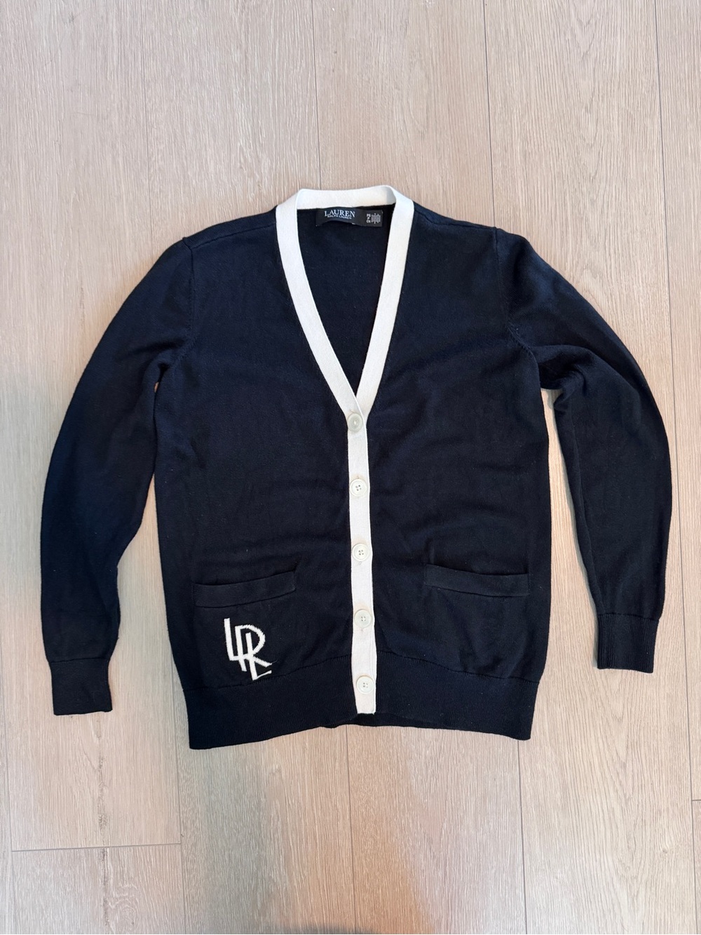 Lauren Ralph Lauren Black Cardigan with White Trim and LR Monogram